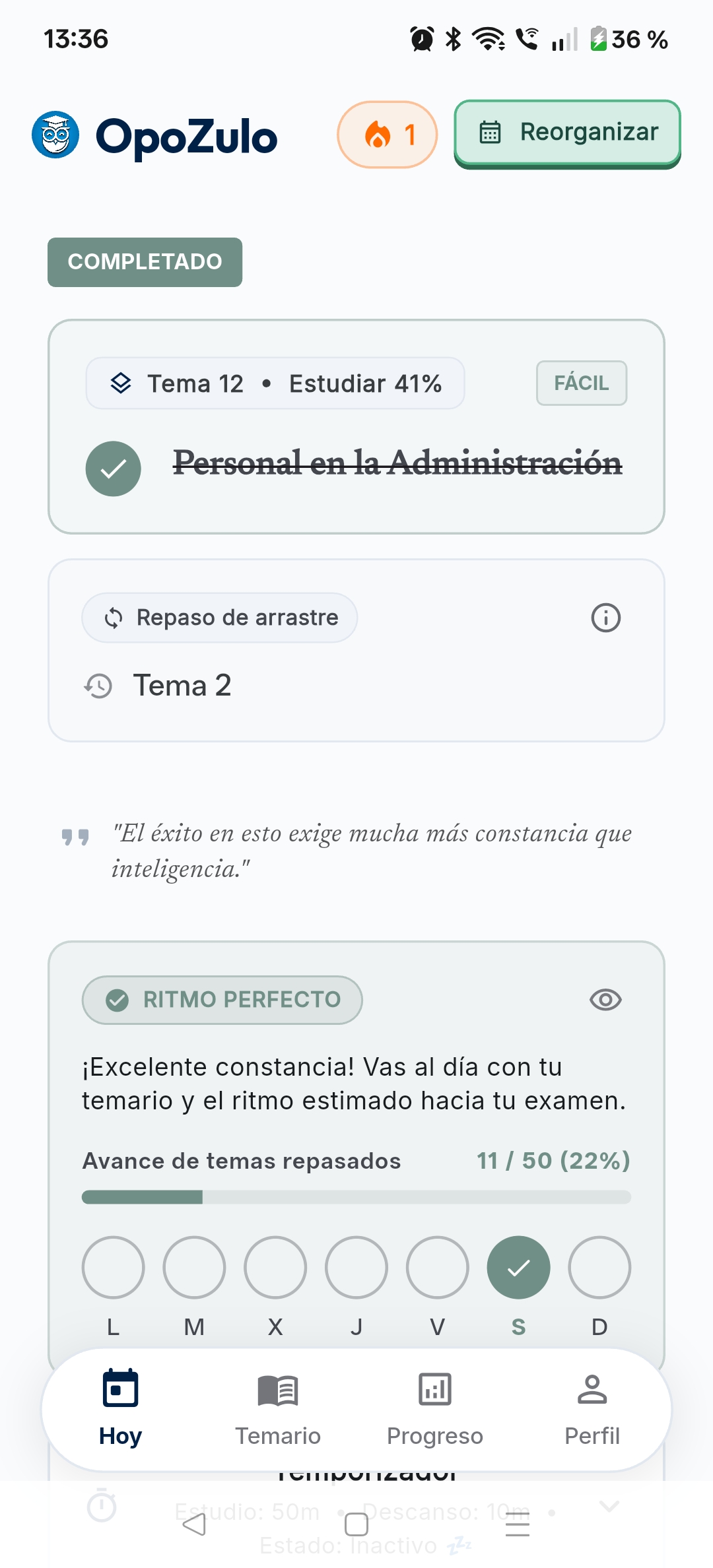 Pantalla Hoy de OpoZulo mostrando el estudio diario, repaso de arrastre y ritmo perfecto