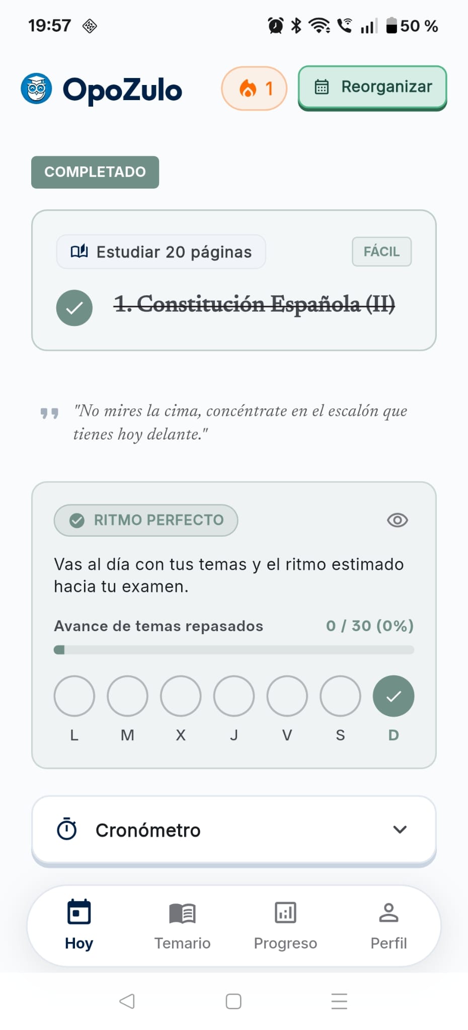 Objetivo diario de páginas en la pantalla Hoy de OpoZulo