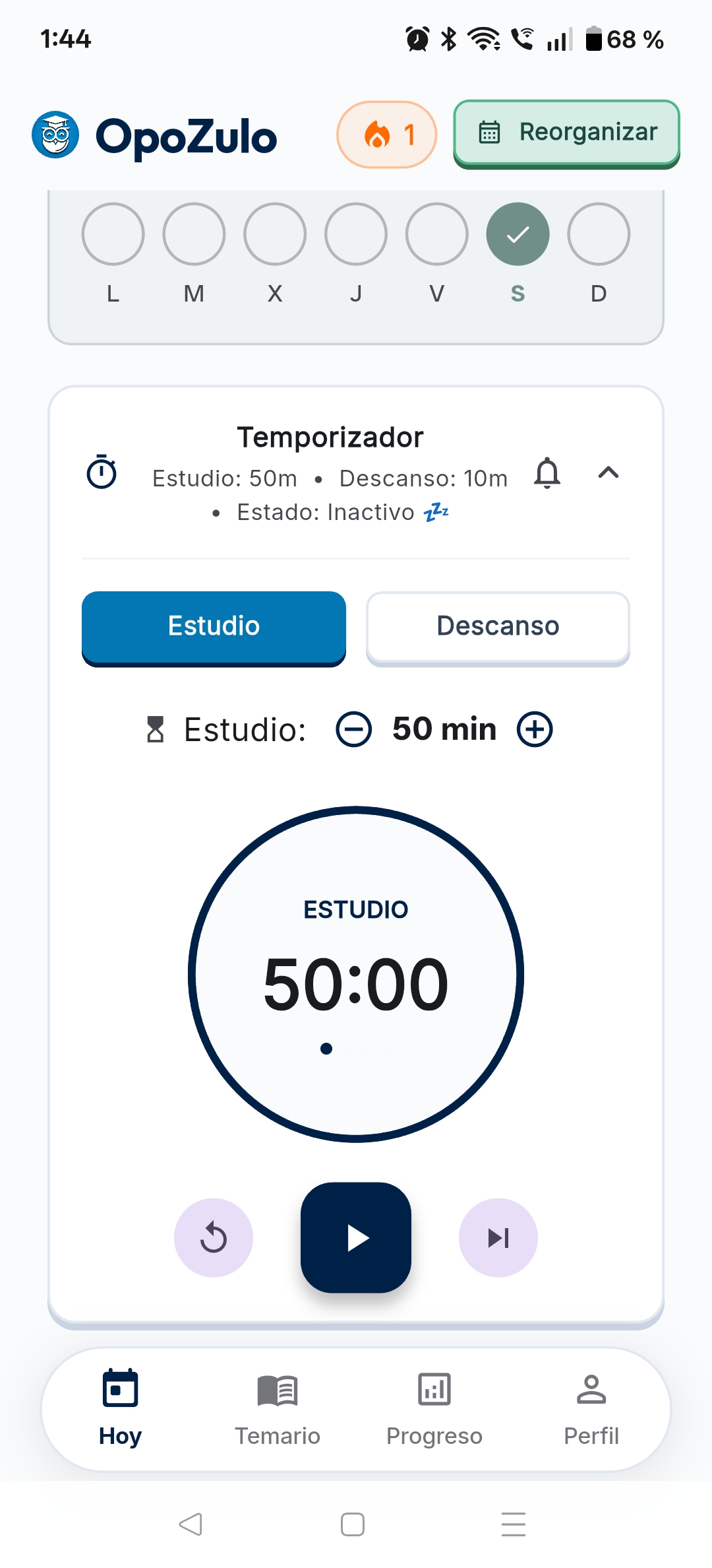 Temporizador de estudio y descanso integrado en OpoZulo