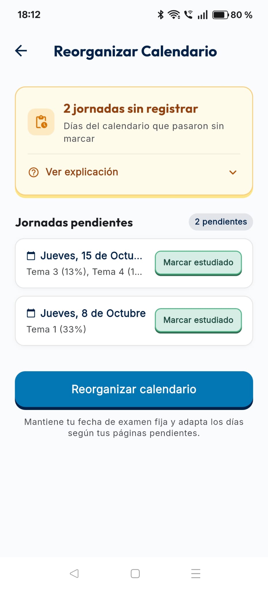 Pantalla Reorganizar Calendario en OpoZulo con jornadas pendientes