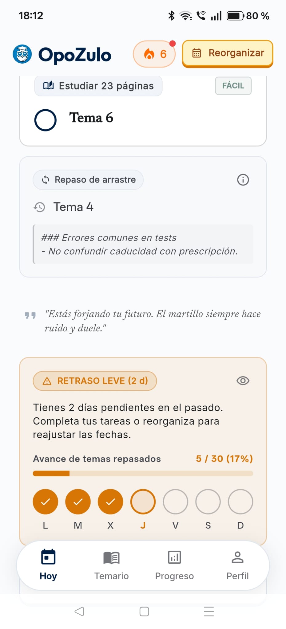 Repaso de arrastre con apuntes del tema y aviso de retraso leve