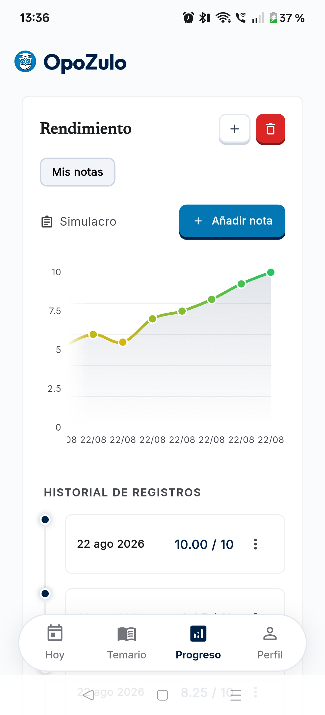 Gráfica de evolución de notas de simulacros e historial de registros en OpoZulo
