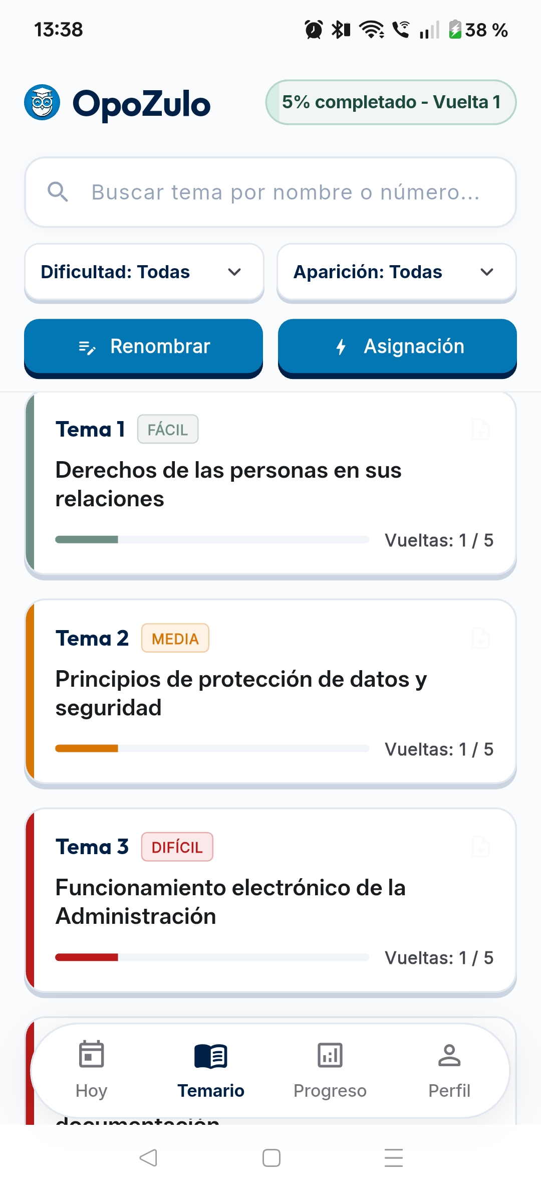 Listado de temas con dificultad Fácil, Media y Difícil y vueltas completadas