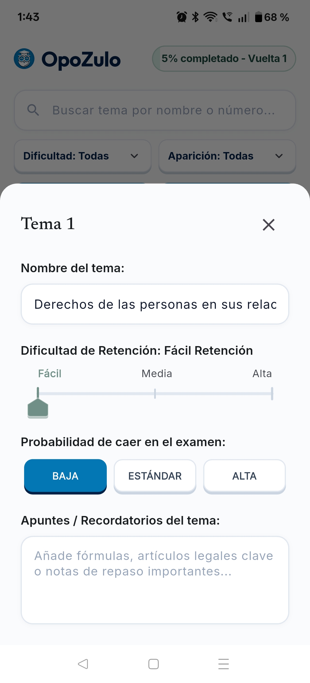 Editar tema en OpoZulo: dificultad de retención, probabilidad de caer en examen y apuntes